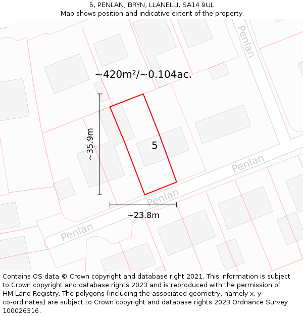 5, PENLAN, BRYN, LLANELLI, SA14 9UL: Plot and title map