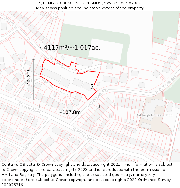 5, PENLAN CRESCENT, UPLANDS, SWANSEA, SA2 0RL: Plot and title map