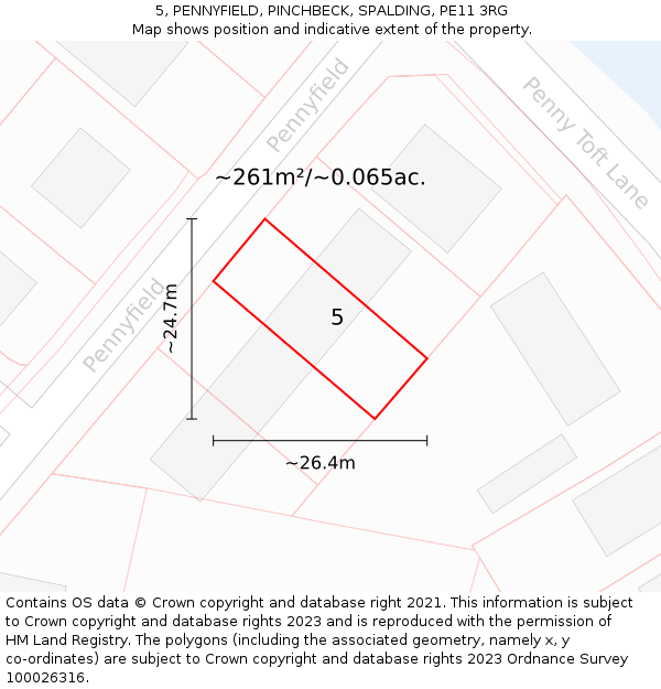 5, PENNYFIELD, PINCHBECK, SPALDING, PE11 3RG: Plot and title map