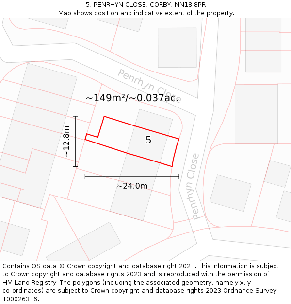 5, PENRHYN CLOSE, CORBY, NN18 8PR: Plot and title map