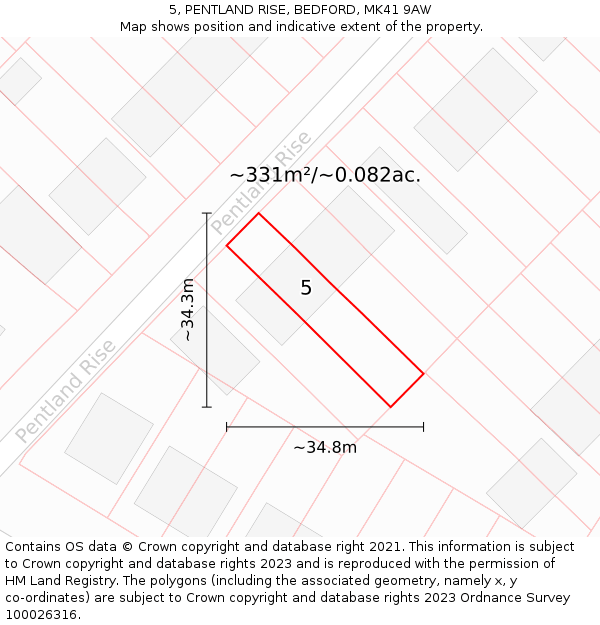 5, PENTLAND RISE, BEDFORD, MK41 9AW: Plot and title map