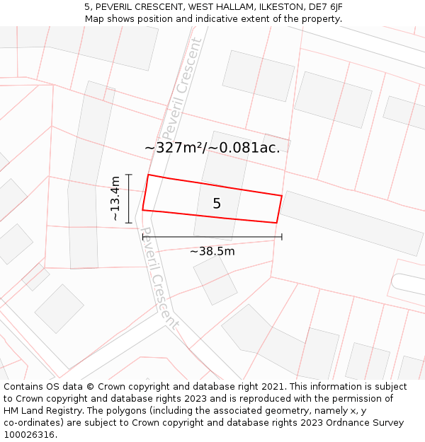 5, PEVERIL CRESCENT, WEST HALLAM, ILKESTON, DE7 6JF: Plot and title map