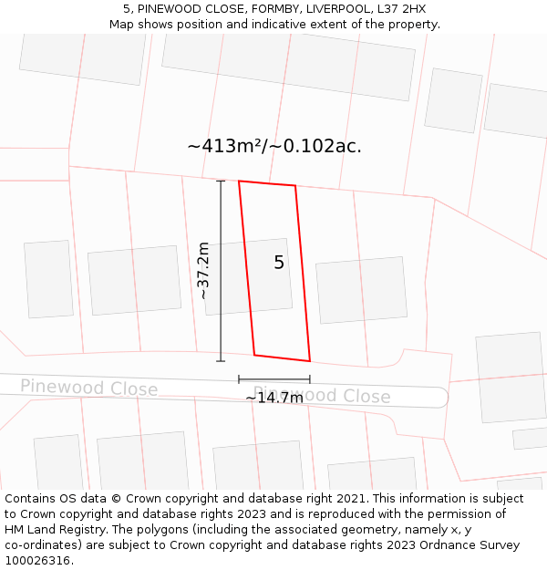 5, PINEWOOD CLOSE, FORMBY, LIVERPOOL, L37 2HX: Plot and title map