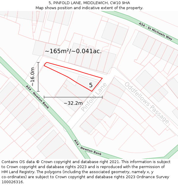 5, PINFOLD LANE, MIDDLEWICH, CW10 9HA: Plot and title map