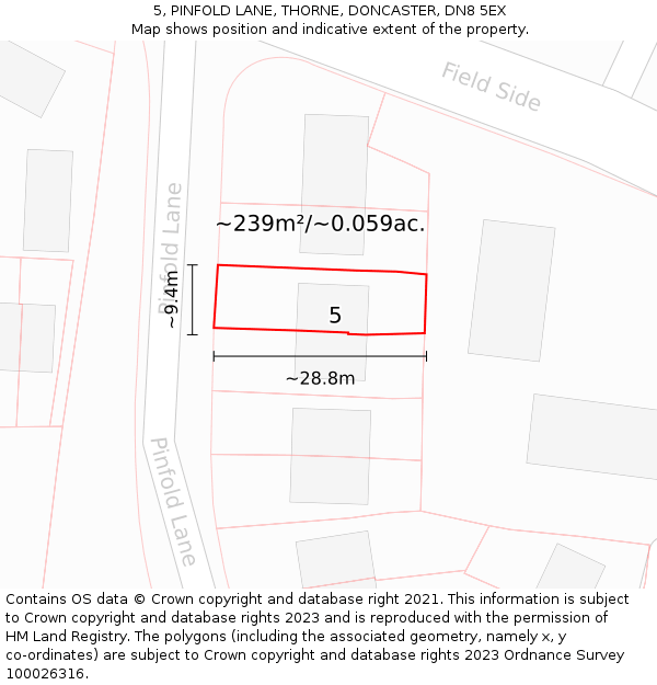 5, PINFOLD LANE, THORNE, DONCASTER, DN8 5EX: Plot and title map