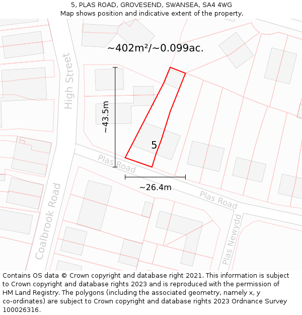 5, PLAS ROAD, GROVESEND, SWANSEA, SA4 4WG: Plot and title map