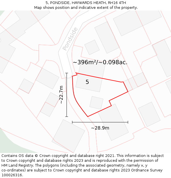 5, PONDSIDE, HAYWARDS HEATH, RH16 4TH: Plot and title map