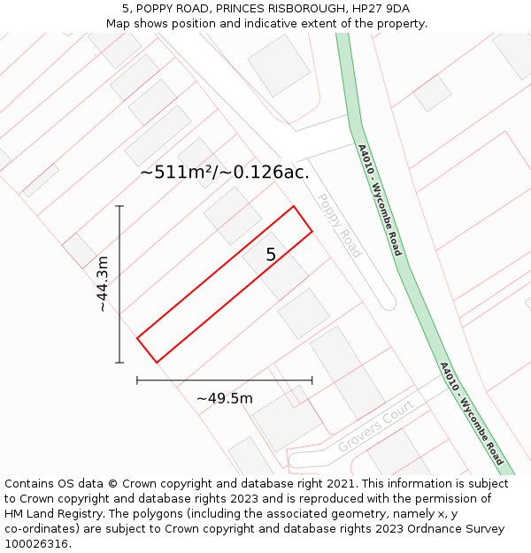 5, POPPY ROAD, PRINCES RISBOROUGH, HP27 9DA: Plot and title map