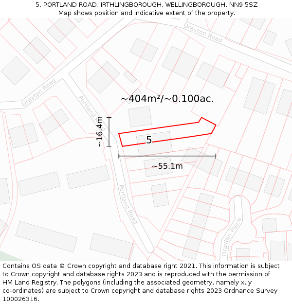 5, PORTLAND ROAD, IRTHLINGBOROUGH, WELLINGBOROUGH, NN9 5SZ: Plot and title map