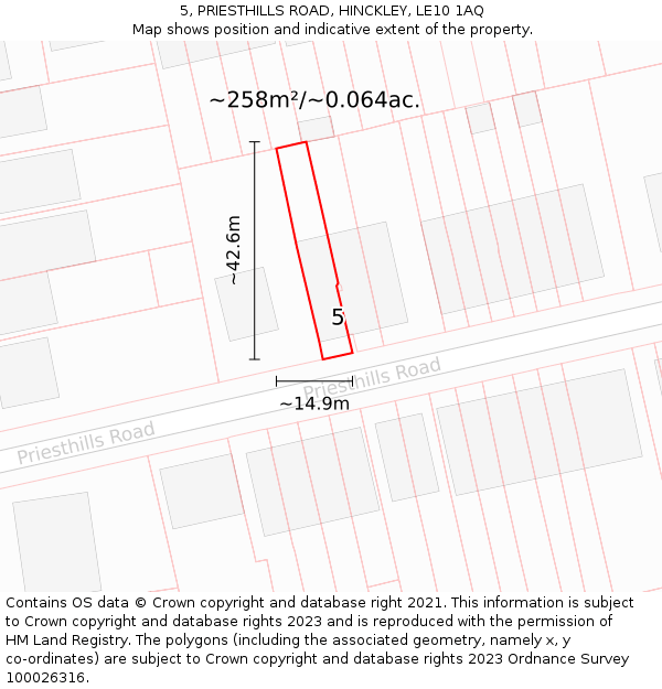 5, PRIESTHILLS ROAD, HINCKLEY, LE10 1AQ: Plot and title map