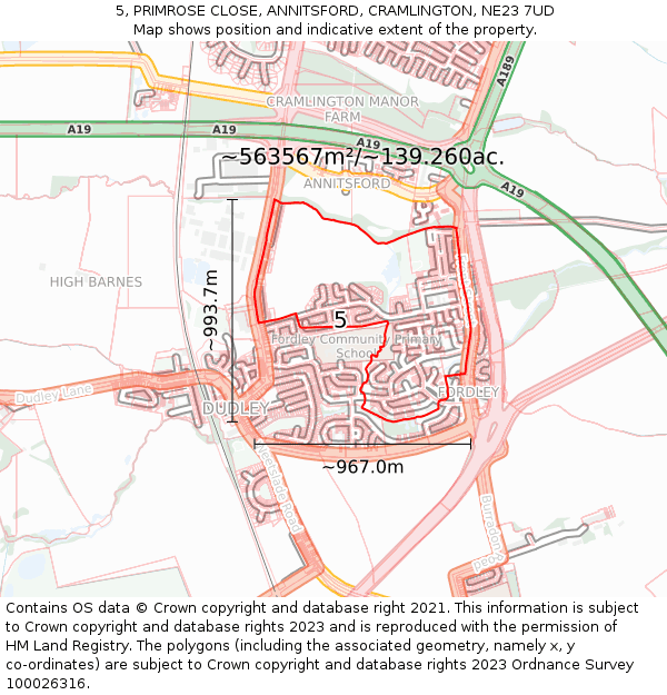 5, PRIMROSE CLOSE, ANNITSFORD, CRAMLINGTON, NE23 7UD: Plot and title map