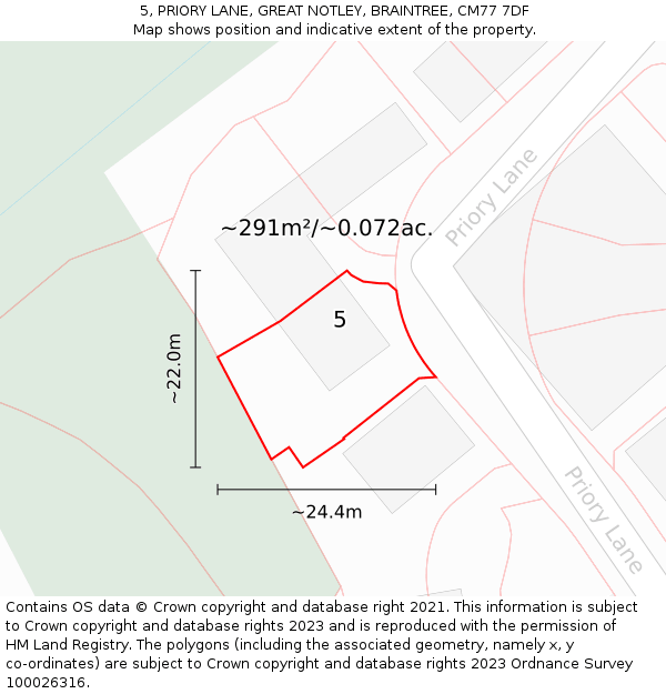 5, PRIORY LANE, GREAT NOTLEY, BRAINTREE, CM77 7DF: Plot and title map