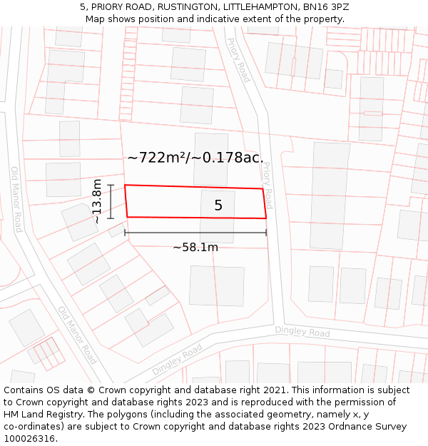 5, PRIORY ROAD, RUSTINGTON, LITTLEHAMPTON, BN16 3PZ: Plot and title map