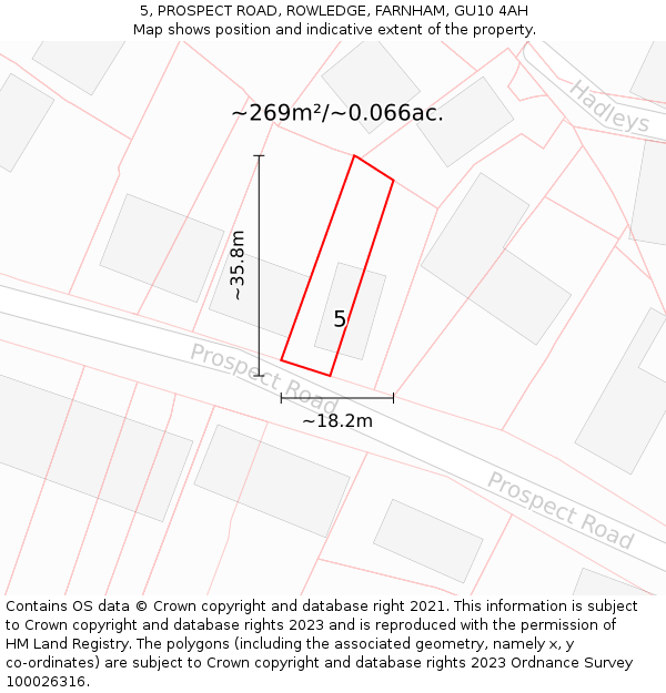 5, PROSPECT ROAD, ROWLEDGE, FARNHAM, GU10 4AH: Plot and title map