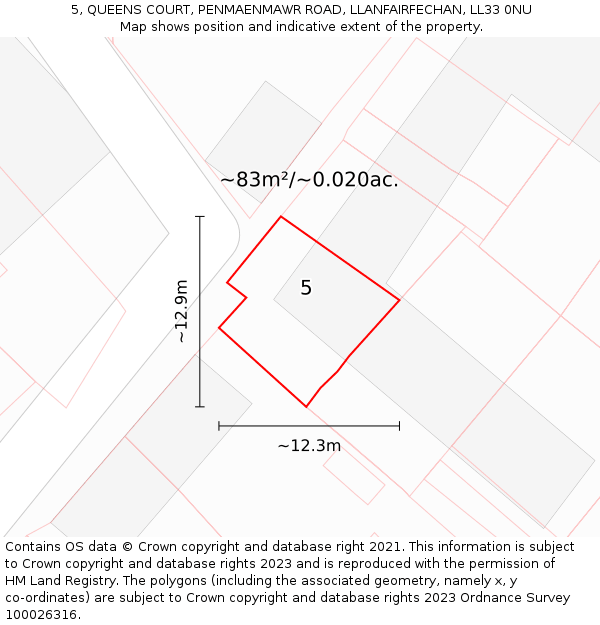 5, QUEENS COURT, PENMAENMAWR ROAD, LLANFAIRFECHAN, LL33 0NU: Plot and title map