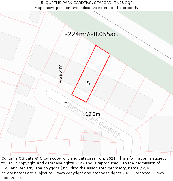 5, QUEENS PARK GARDENS, SEAFORD, BN25 2QE: Plot and title map