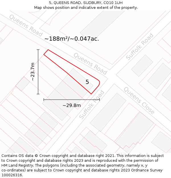 5, QUEENS ROAD, SUDBURY, CO10 1UH: Plot and title map