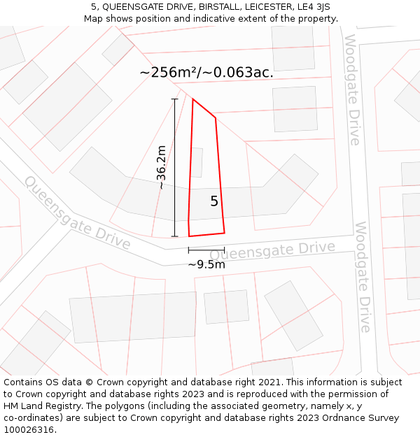 5, QUEENSGATE DRIVE, BIRSTALL, LEICESTER, LE4 3JS: Plot and title map