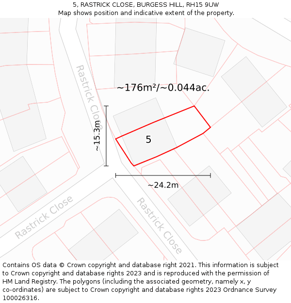 5, RASTRICK CLOSE, BURGESS HILL, RH15 9UW: Plot and title map