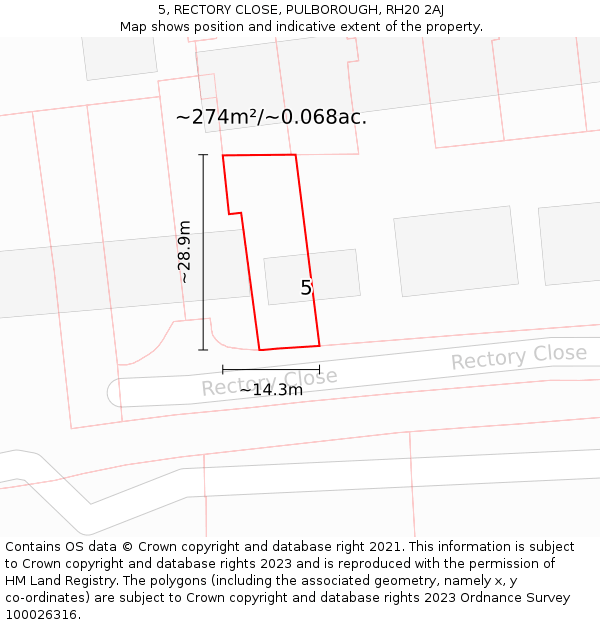 5, RECTORY CLOSE, PULBOROUGH, RH20 2AJ: Plot and title map