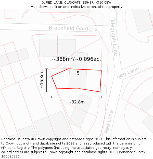 5, RED LANE, CLAYGATE, ESHER, KT10 0EW: Plot and title map