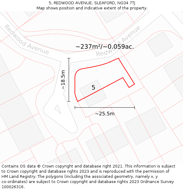 5, REDWOOD AVENUE, SLEAFORD, NG34 7TJ: Plot and title map