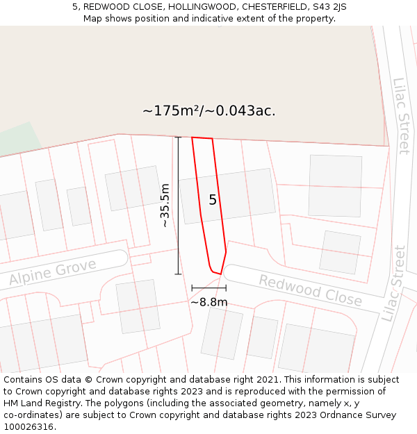 5, REDWOOD CLOSE, HOLLINGWOOD, CHESTERFIELD, S43 2JS: Plot and title map