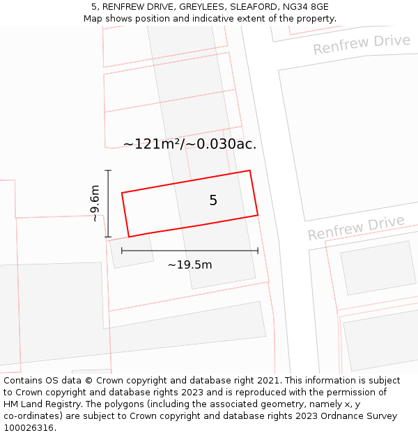 5, RENFREW DRIVE, GREYLEES, SLEAFORD, NG34 8GE: Plot and title map