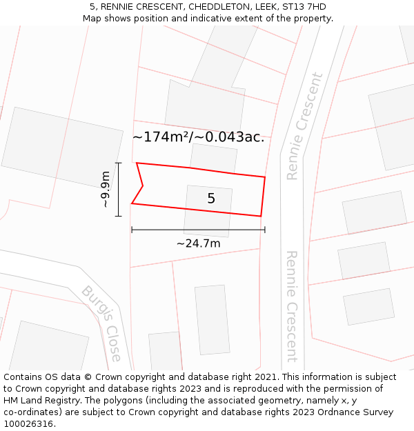 5, RENNIE CRESCENT, CHEDDLETON, LEEK, ST13 7HD: Plot and title map