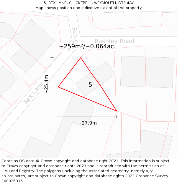 5, REX LANE, CHICKERELL, WEYMOUTH, DT3 4AY: Plot and title map