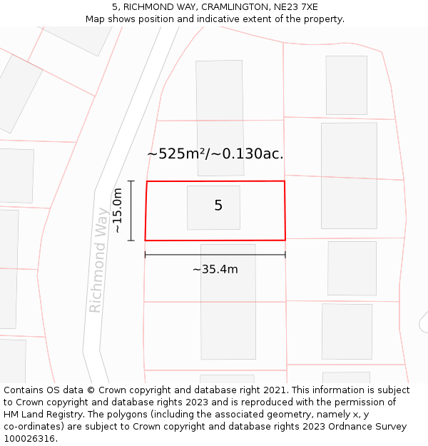 5, RICHMOND WAY, CRAMLINGTON, NE23 7XE: Plot and title map