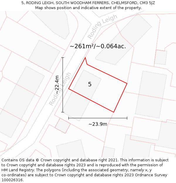 5, RODING LEIGH, SOUTH WOODHAM FERRERS, CHELMSFORD, CM3 5JZ: Plot and title map