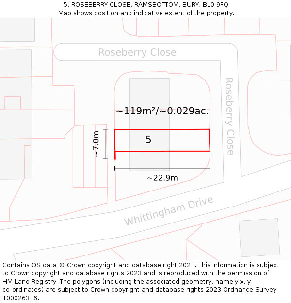 5, ROSEBERRY CLOSE, RAMSBOTTOM, BURY, BL0 9FQ: Plot and title map