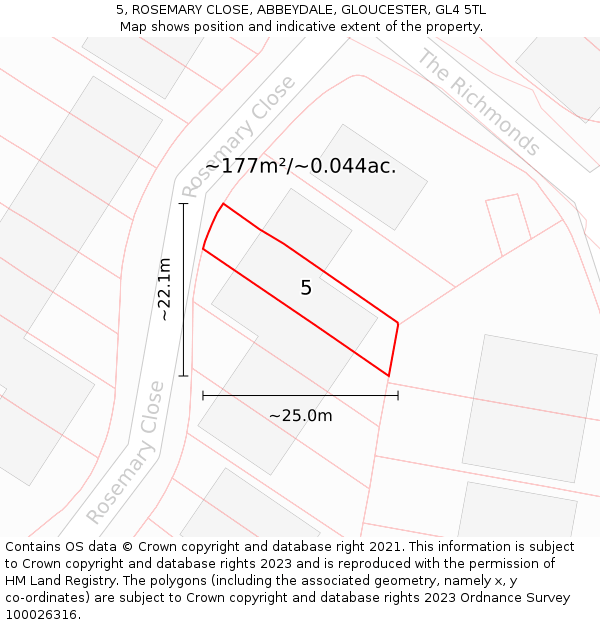 5, ROSEMARY CLOSE, ABBEYDALE, GLOUCESTER, GL4 5TL: Plot and title map