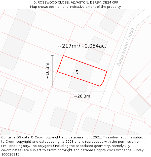 5, ROSEWOOD CLOSE, ALVASTON, DERBY, DE24 0PF: Plot and title map