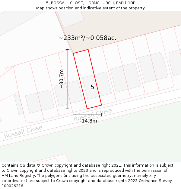 5, ROSSALL CLOSE, HORNCHURCH, RM11 1BP: Plot and title map