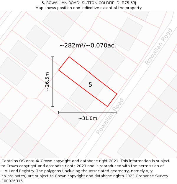 5, ROWALLAN ROAD, SUTTON COLDFIELD, B75 6RJ: Plot and title map