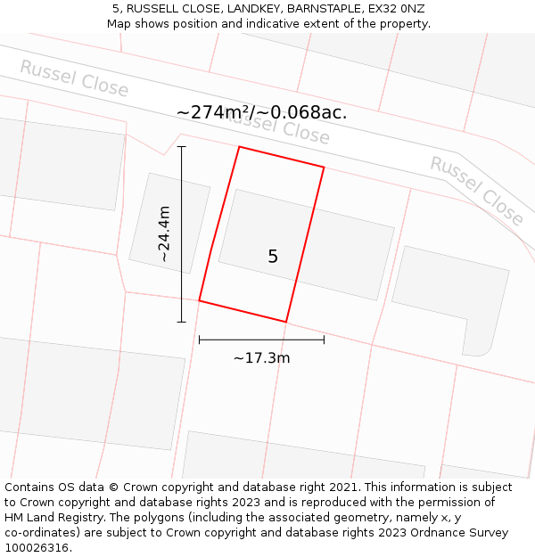 5, RUSSELL CLOSE, LANDKEY, BARNSTAPLE, EX32 0NZ: Plot and title map