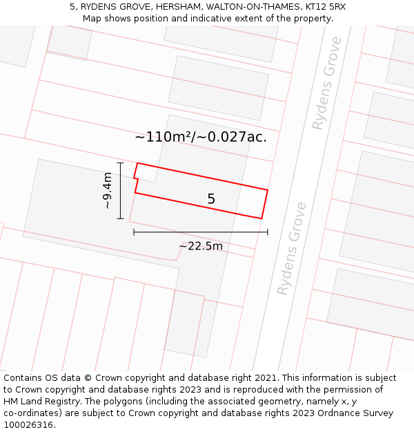 5, RYDENS GROVE, HERSHAM, WALTON-ON-THAMES, KT12 5RX: Plot and title map