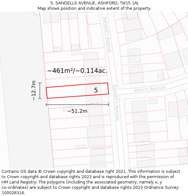 5, SANDELLS AVENUE, ASHFORD, TW15 1AJ: Plot and title map