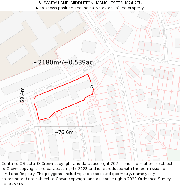 5, SANDY LANE, MIDDLETON, MANCHESTER, M24 2EU: Plot and title map