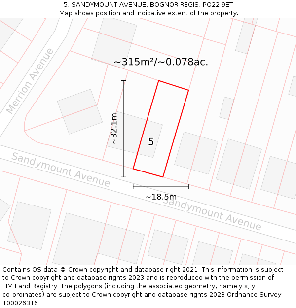 5, SANDYMOUNT AVENUE, BOGNOR REGIS, PO22 9ET: Plot and title map