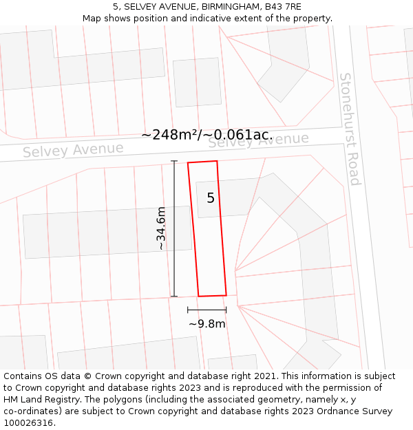 5, SELVEY AVENUE, BIRMINGHAM, B43 7RE: Plot and title map