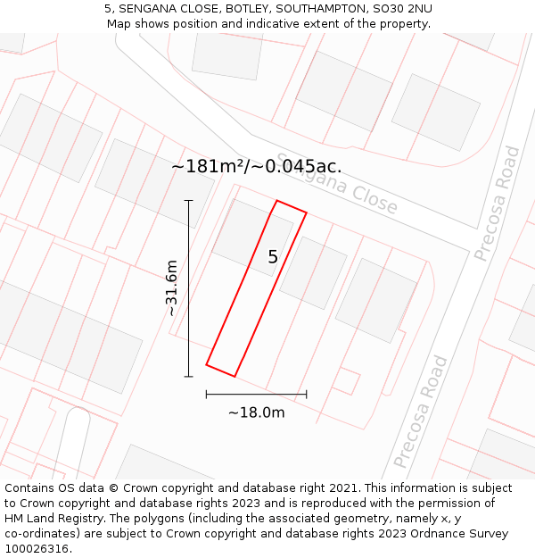 5, SENGANA CLOSE, BOTLEY, SOUTHAMPTON, SO30 2NU: Plot and title map