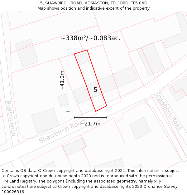 5, SHAWBIRCH ROAD, ADMASTON, TELFORD, TF5 0AD: Plot and title map