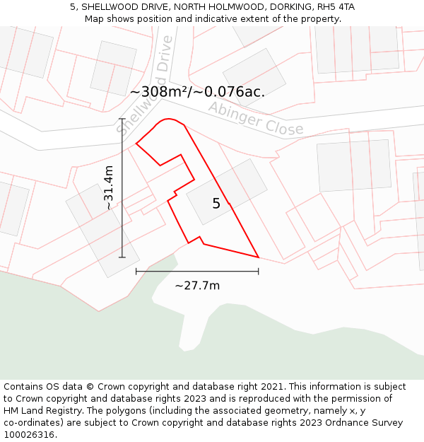 5, SHELLWOOD DRIVE, NORTH HOLMWOOD, DORKING, RH5 4TA: Plot and title map