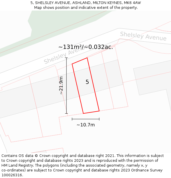 5, SHELSLEY AVENUE, ASHLAND, MILTON KEYNES, MK6 4AW: Plot and title map