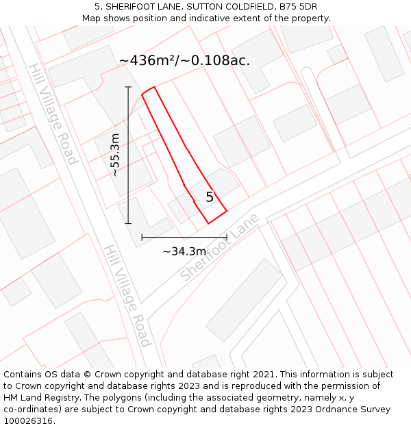 5, SHERIFOOT LANE, SUTTON COLDFIELD, B75 5DR: Plot and title map