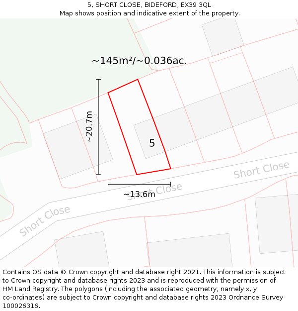 5, SHORT CLOSE, BIDEFORD, EX39 3QL: Plot and title map