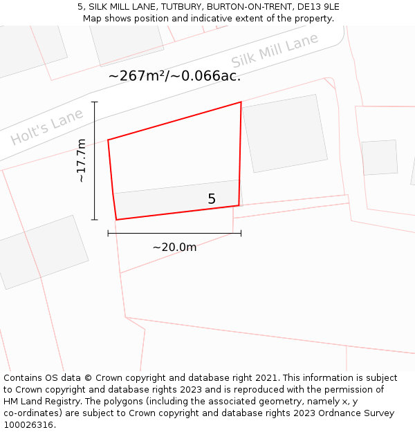 5, SILK MILL LANE, TUTBURY, BURTON-ON-TRENT, DE13 9LE: Plot and title map